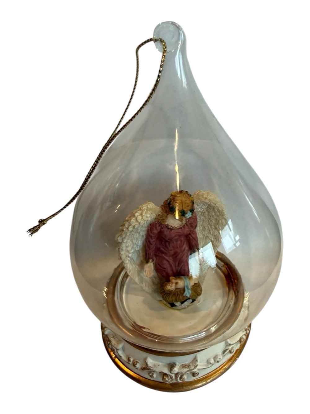 Glass Teardrop Angel Ornament in Cream and Gold